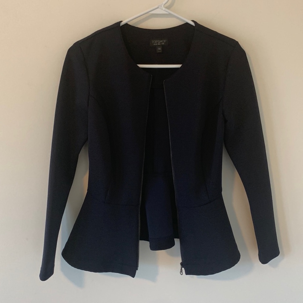 Topshop Navy blue striped peplum blazer size 6